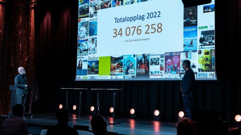 Kjartan Tyvand, t.v., og Per Brikt Olsen presenterte ferske tall og analyser på Fagpressedagen 10. november. Dette store tallet er det sammenlagte antallet utgitte blader i Fagpressen i år. (Foto: Vanesa Alickaj/TENK byrå).