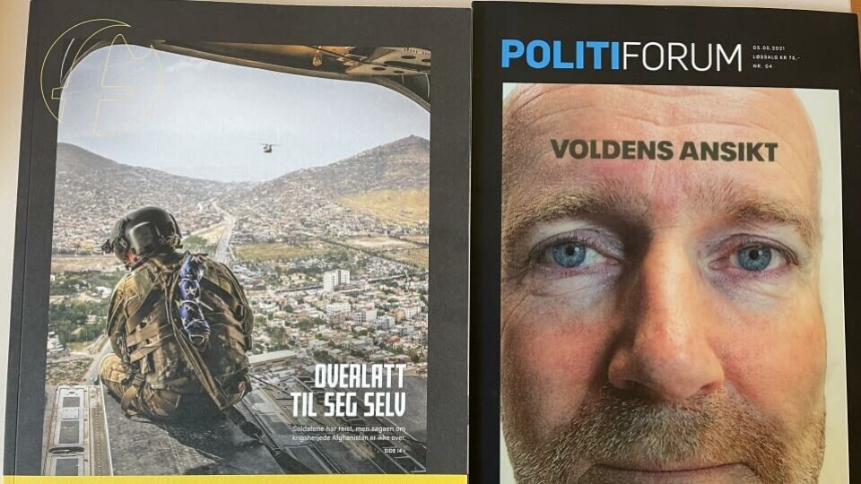 Forsvarets forum er nominert til Årets magasinforside for forsiden til venstre. Det samme er Politiforum. Det spesielle med forsiden til Politiforum er at bildet er et hologram og det er to ulike bilder som vises avhengig av hvordan du holder bladet. Dette kommer ikke frem her. Foto: Camilla Briså