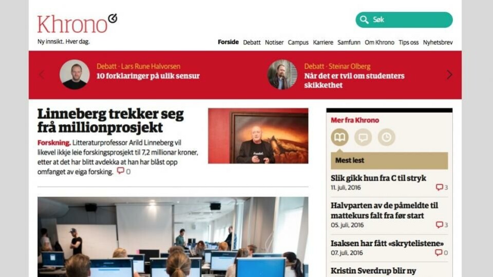 Nettmagasinet Khrono gjer suksess (skjermdump av fronten 15. juli 2016).