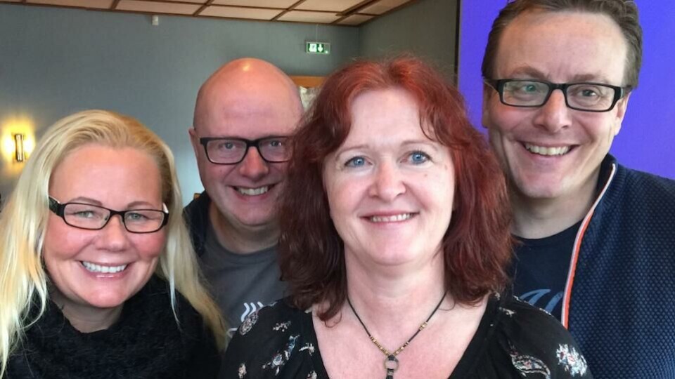 Anne Lise Stranden, foran, er nyvalgt leder i Fagpressens journalistforum. Karine H. Henriksen, Georg Mathisen og Sjur Frimand-Anda ble også valgt inn i styret, sammen med Julia Loge som ikke er med på bildet. (Foto: BN).