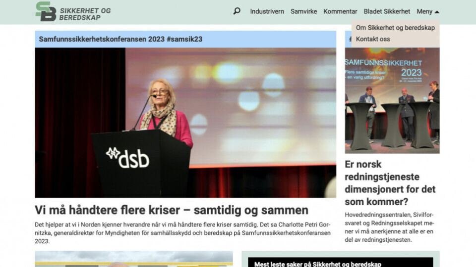 Nylansert Sikkerhet og beredskap satser på flere nyheter i sin nye digitale tilværelsen. (Skjermdump).