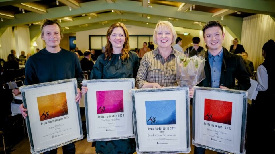 Her er fjorårsvinnerne i OR-kåringen 'Årets redaktør'. Josimar-redaktør Håvard Melnes til venstre; deretter Tora Bakke Håndlykken, Grethe Gynnild-Johnsen og Derek André Bjølgerud. (Foto: Stian Lysberg Solum, NTB).