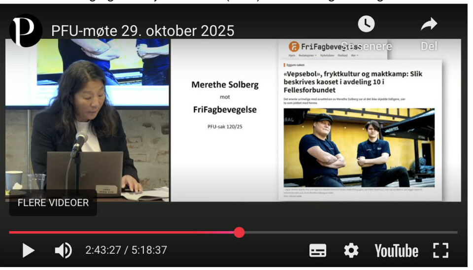 Skjermdump fra PFUs behandling. 29. oktober.